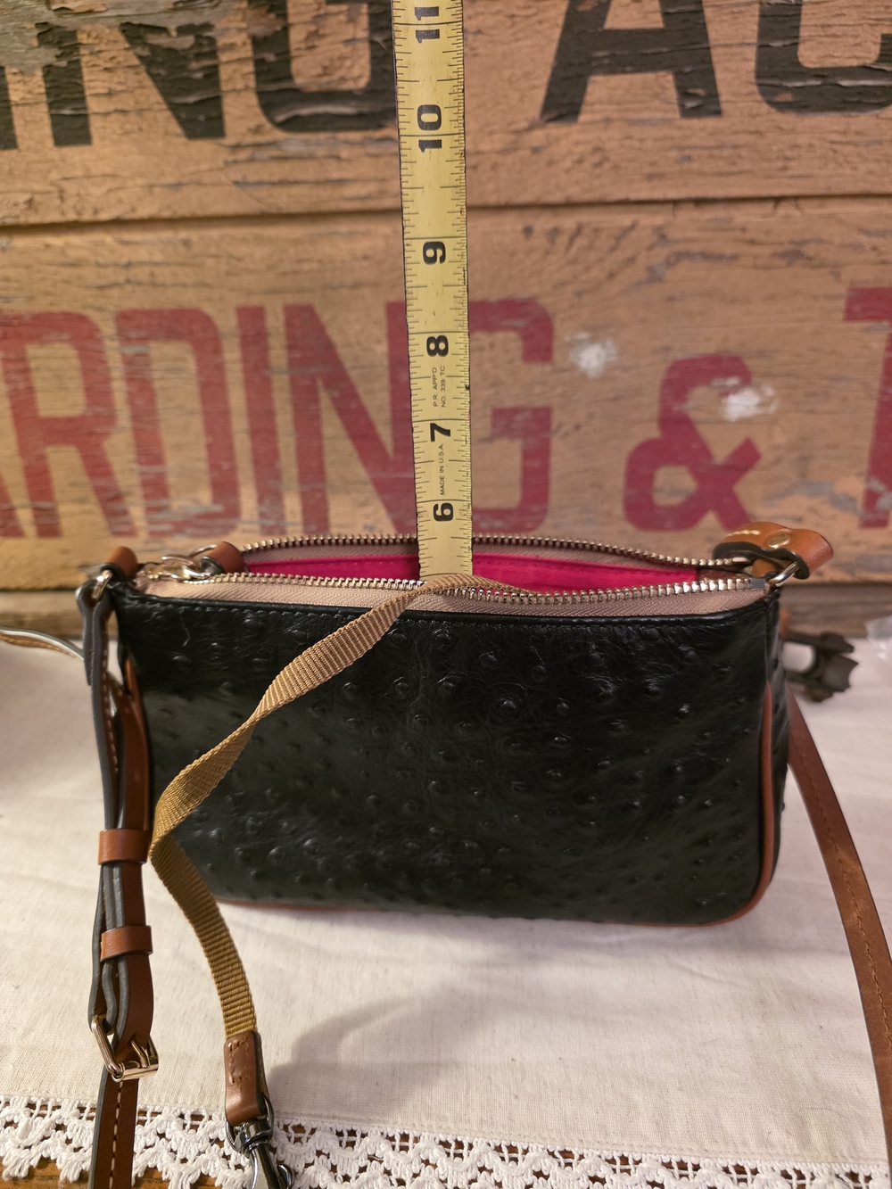 Dooney & Bourke Black Ostrich-Embossed Crossbody with Tan Trim - Picture 14 of 16